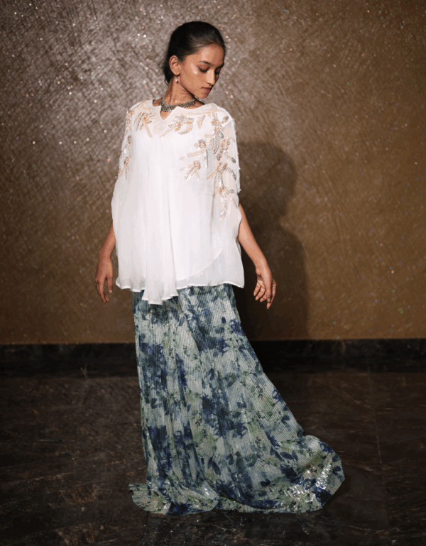 White Embellished Cape Top with Blue–Green Floral Palazzo Set