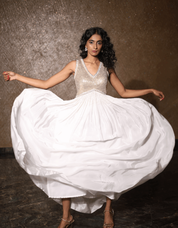 Ivory–Gold Embellished Flowy Evening Gown