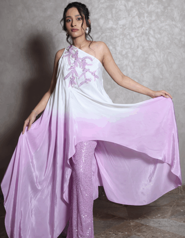White–Lavender Ombré One-Shoulder Asymmetrical Top with Sequin Pants